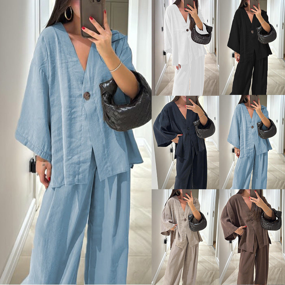 Women's Solid Color Casual Fashion Cardigan Top And Trousers
