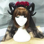 Three Roses Headband Halloween Vampire Demonsheep Horn Veil Hair Accessories