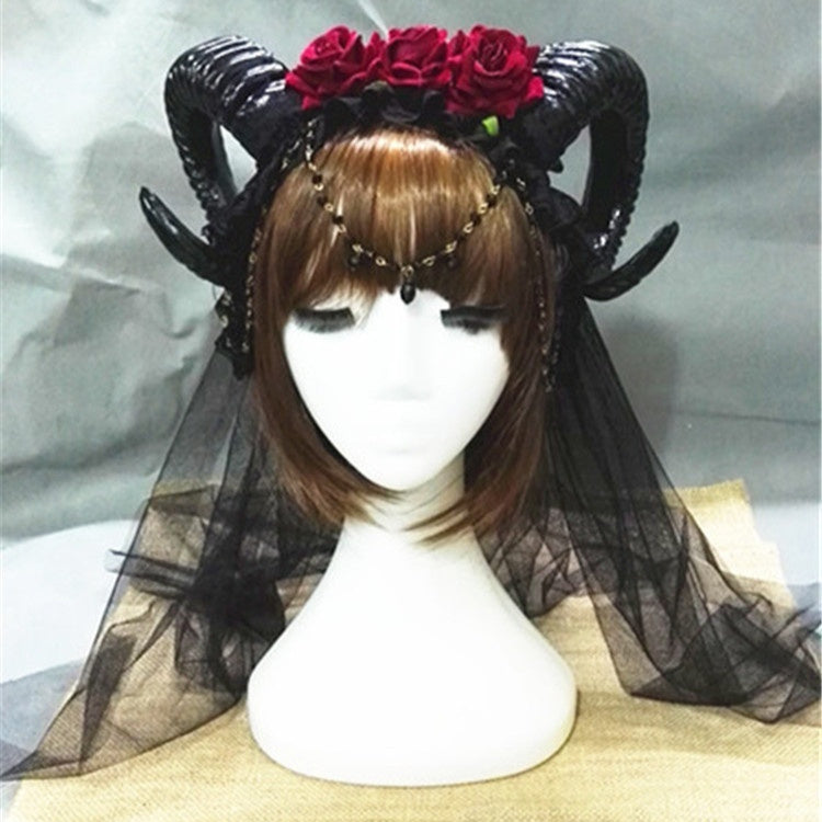 Three Roses Headband Halloween Vampire Demonsheep Horn Veil Hair Accessories