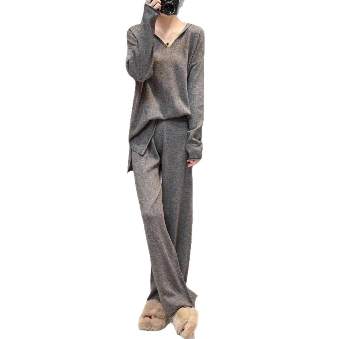 Unisex Korean Cashmere Hooded Top Spliced Wide Leg Pants