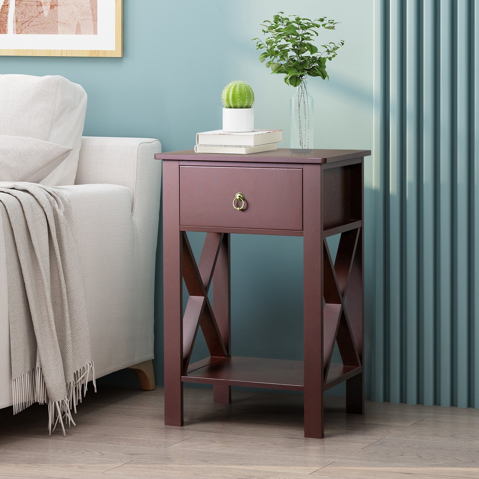 Brown P2 Grade Density Board Spray Paint, Side Cross Type, One Drawer Bedside Cabinet 2pcs