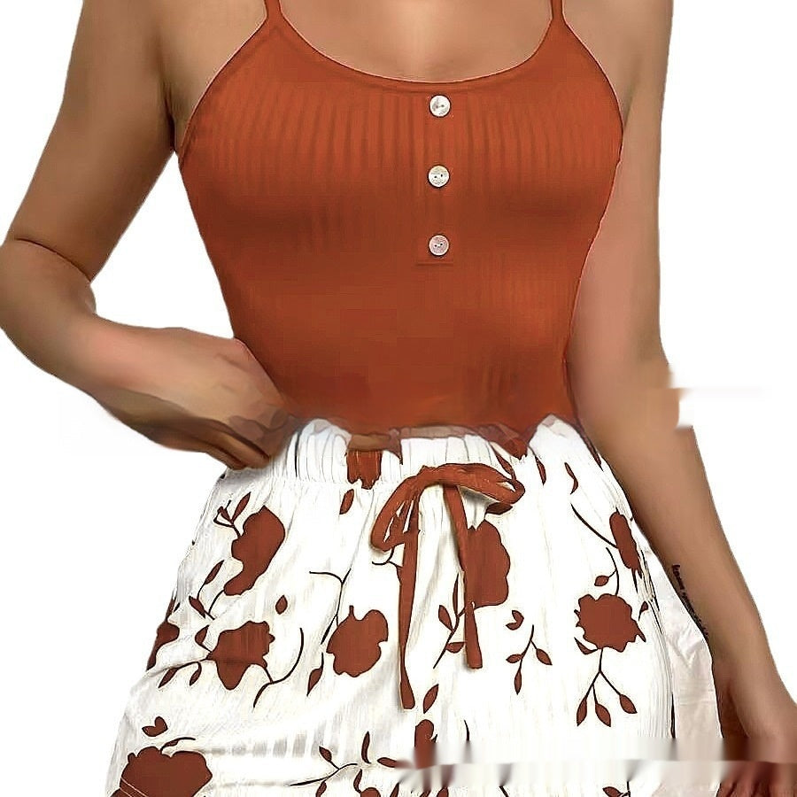 Women's Heart Print Suspender Shorts Milk Silk Relaxed