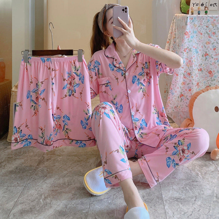 Womens Milk Silk Fruit Print Pajamas Short Sleeve Relaxed