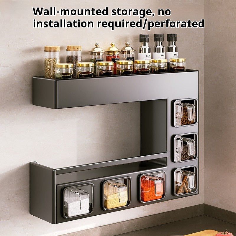 Wall-Mounted Kitchen Storage Rack – Seasoning Box & Bottle Organizer Set
