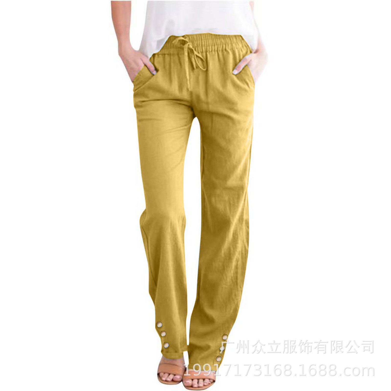 Women’s Cotton-Linen Casual Straight-Leg Pants with Straps