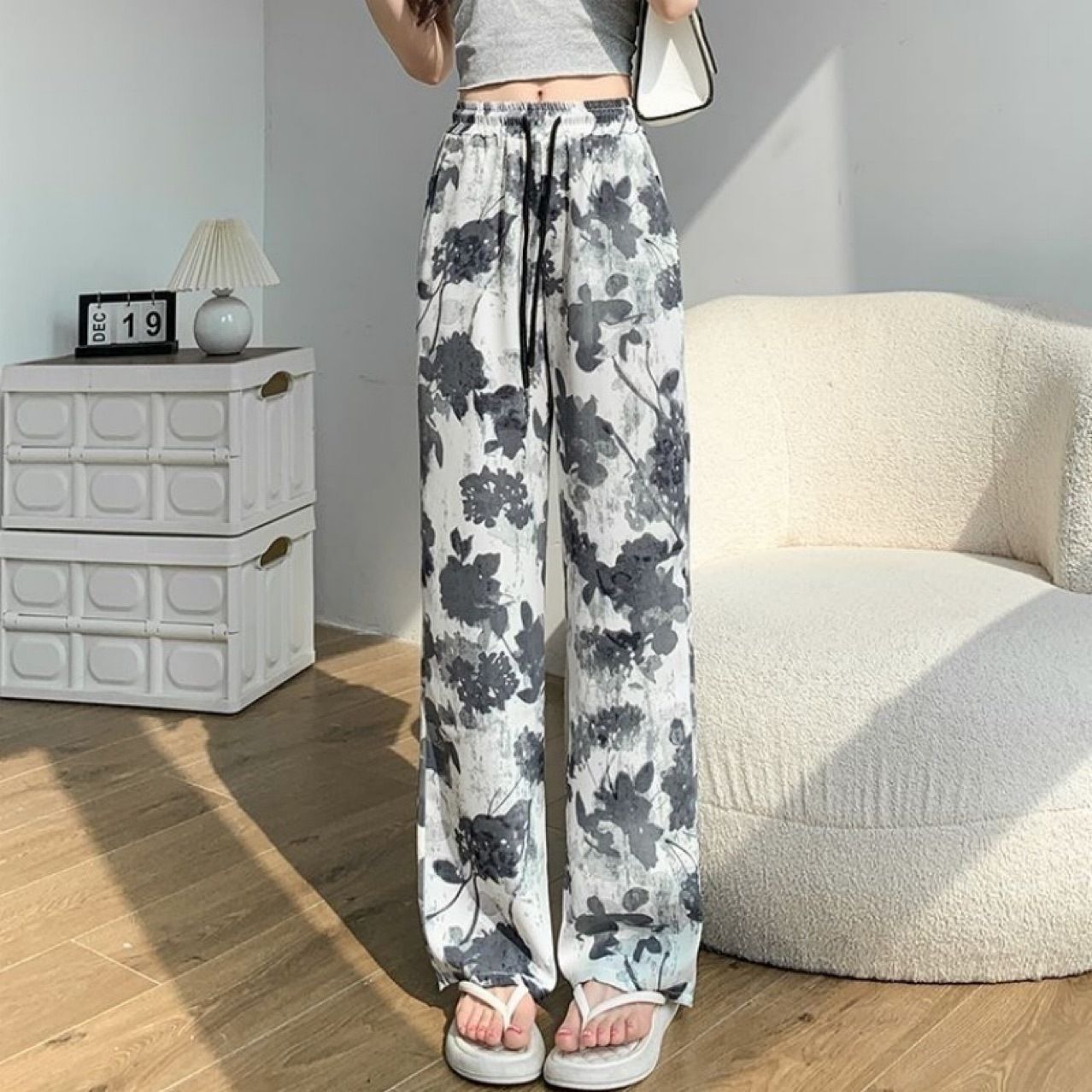 Women’s Tie-Dye Ink-Print Loose Pants – Elastic High Waist, Casual Wide-Leg