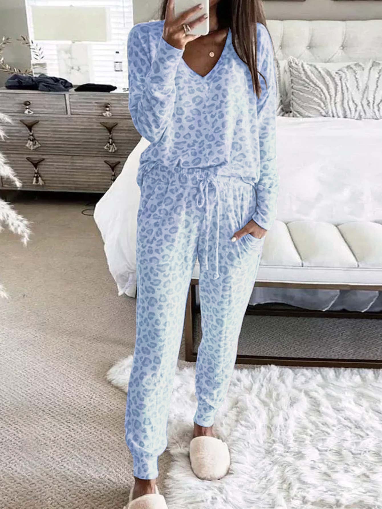Womens Leopard Print Pajama Set Relaxed Fit Polyester