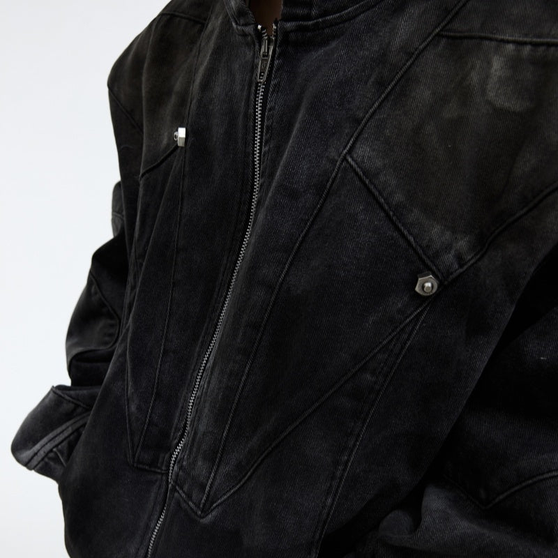 Unisex Distressed Padded Shoulder Hooded Denim Jacket Jeans