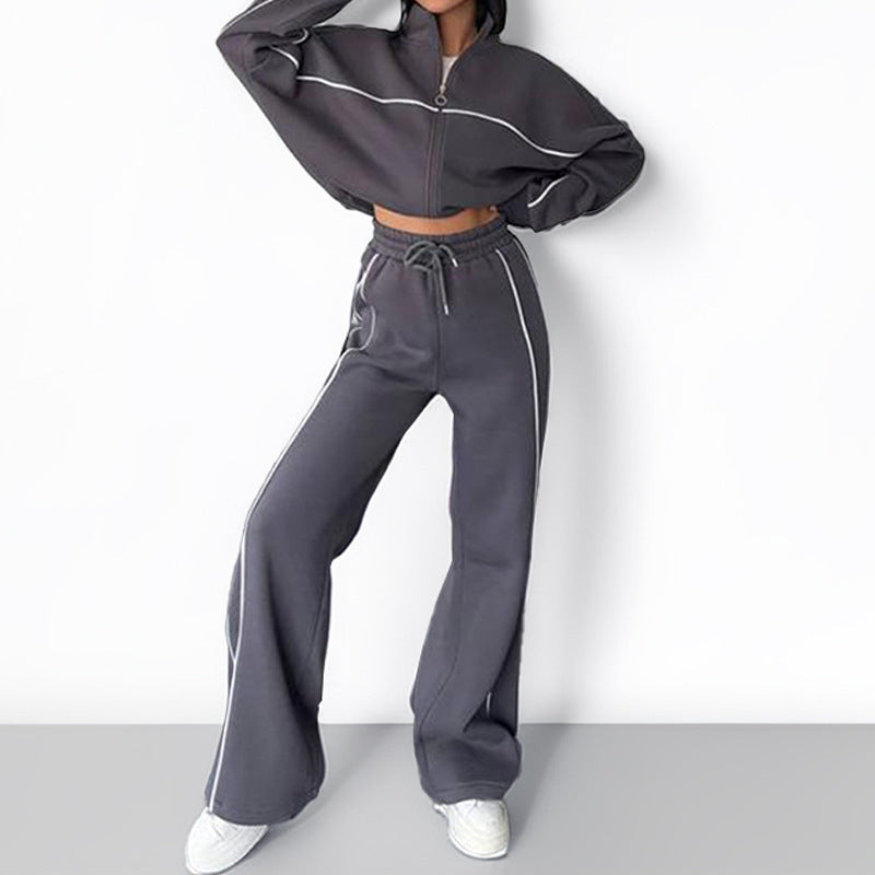 Unisex Striped Polyester Mock Neck Hoodie Suit With Trousers