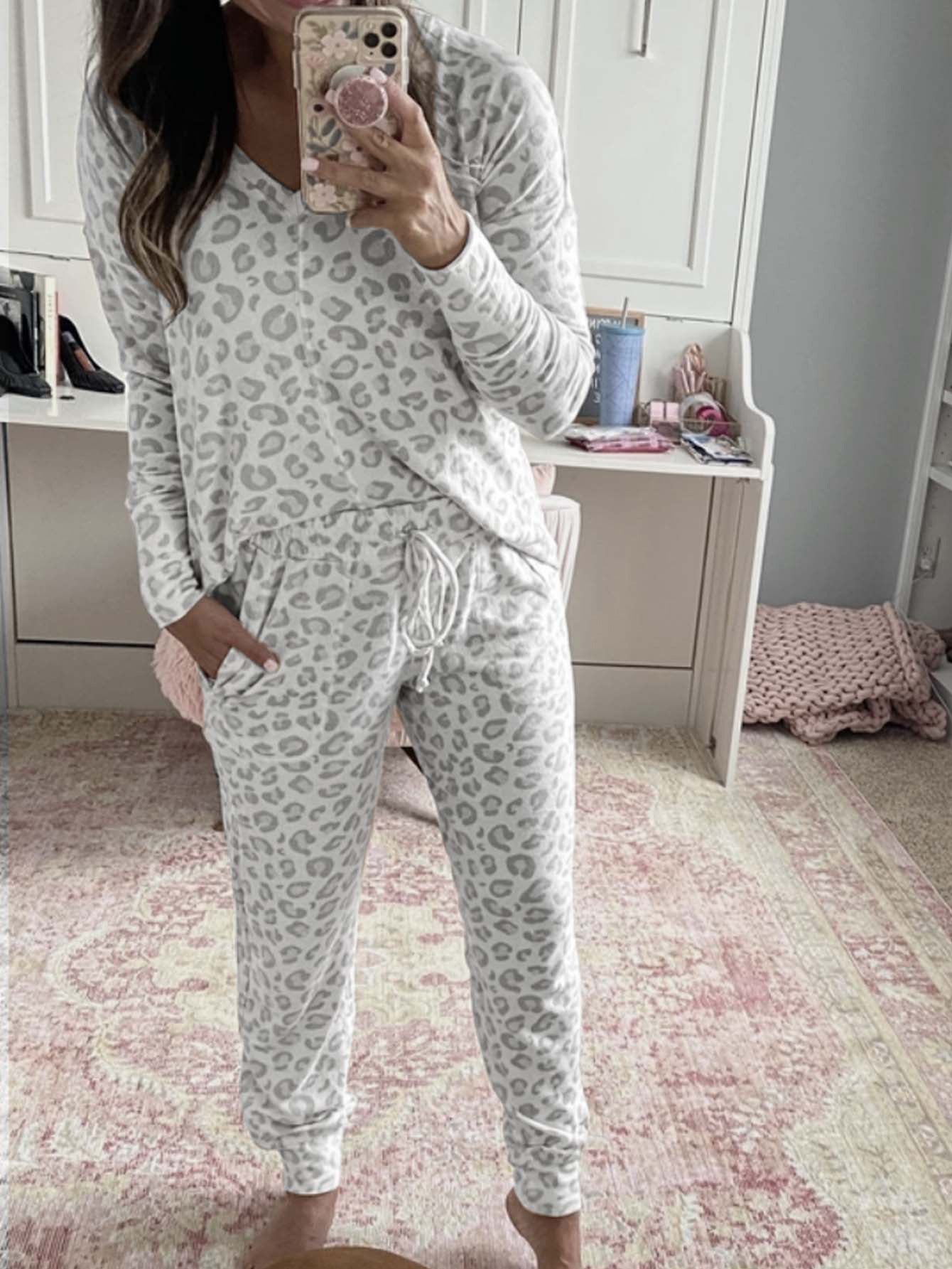 Womens Leopard Print Pajama Set Relaxed Fit Polyester