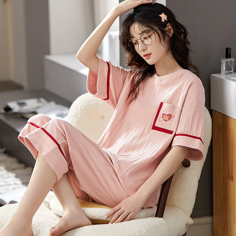 Women's Casual Cotton Short Sleeve Cropped Pants Loungewear Set
