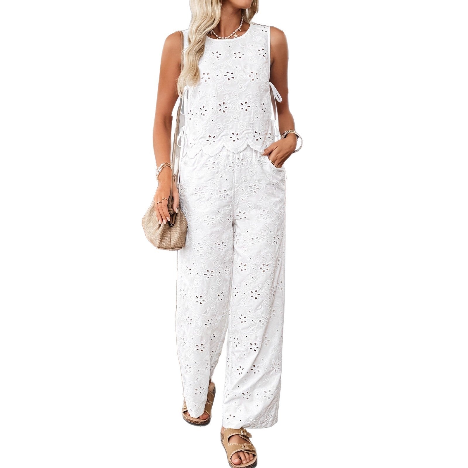 Women's Casual Embroidered Side Lace-up Sleeveless Vest And Trousers Suit
