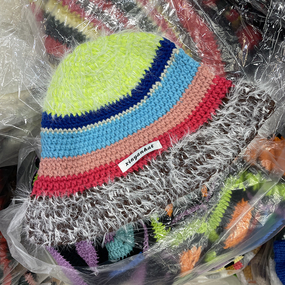 Niche Retro Contrast Color Stripes Hand Crocheting Woolen Cap