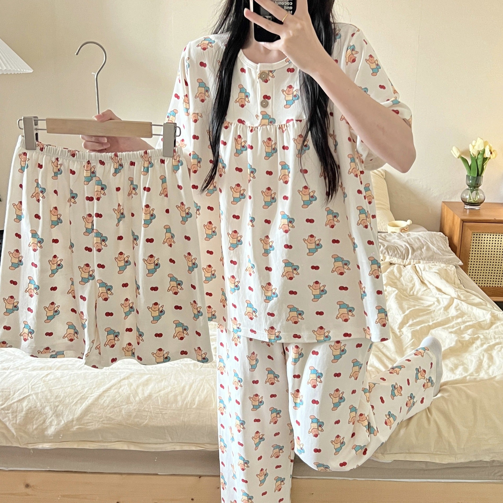 Cotton Three-piece Pajamas For Women Spring And Summer