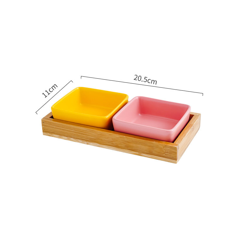 Cat Bowl Snack Plate Ceramic Wood Anti-Tip