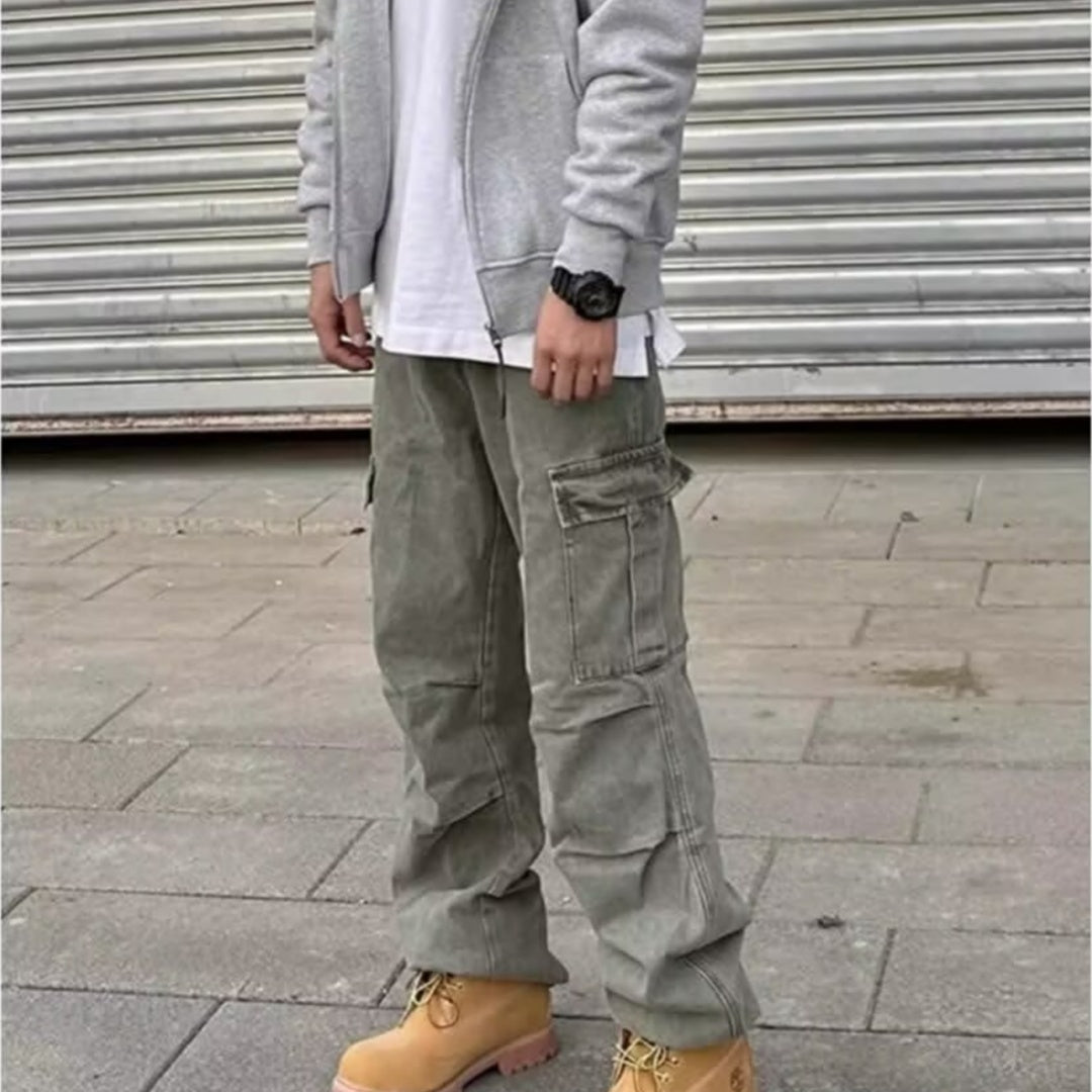 Men’s Retro Casual Denim Pants – Heavy Stone Washed Loose Straight Jeans