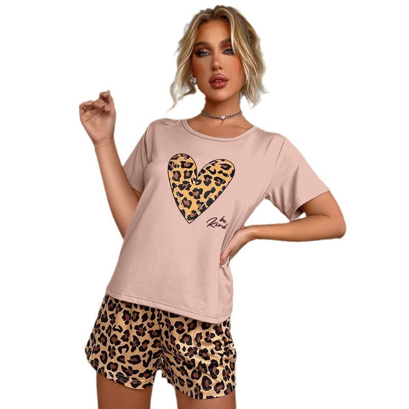 Short Sleeve Shorts Leopard Print Sexy Love Casual Suit
