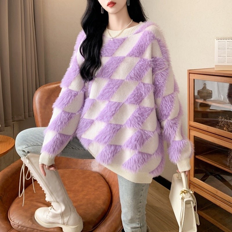 Design Rhombus Flocking Crew Neck Pullover Sweater Women