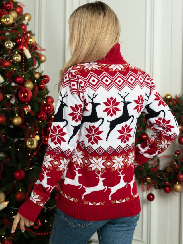 Men’s & Women’s Couple Wear Christmas Elk Jacquard Turtleneck Sweater – Cozy Pullover