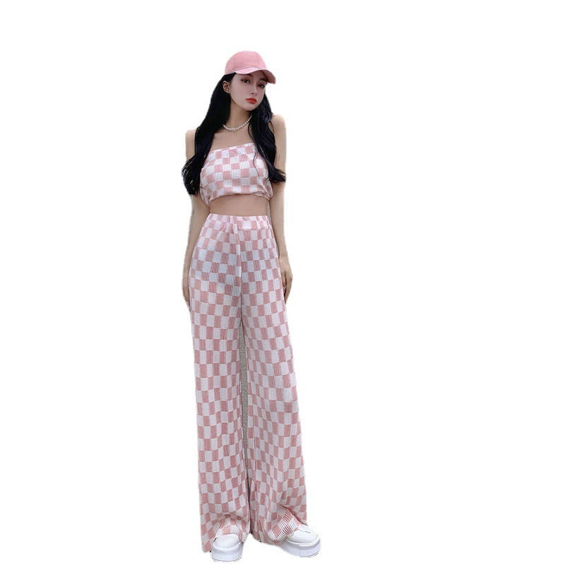Top Plaid Pleated Wide Leg Pants