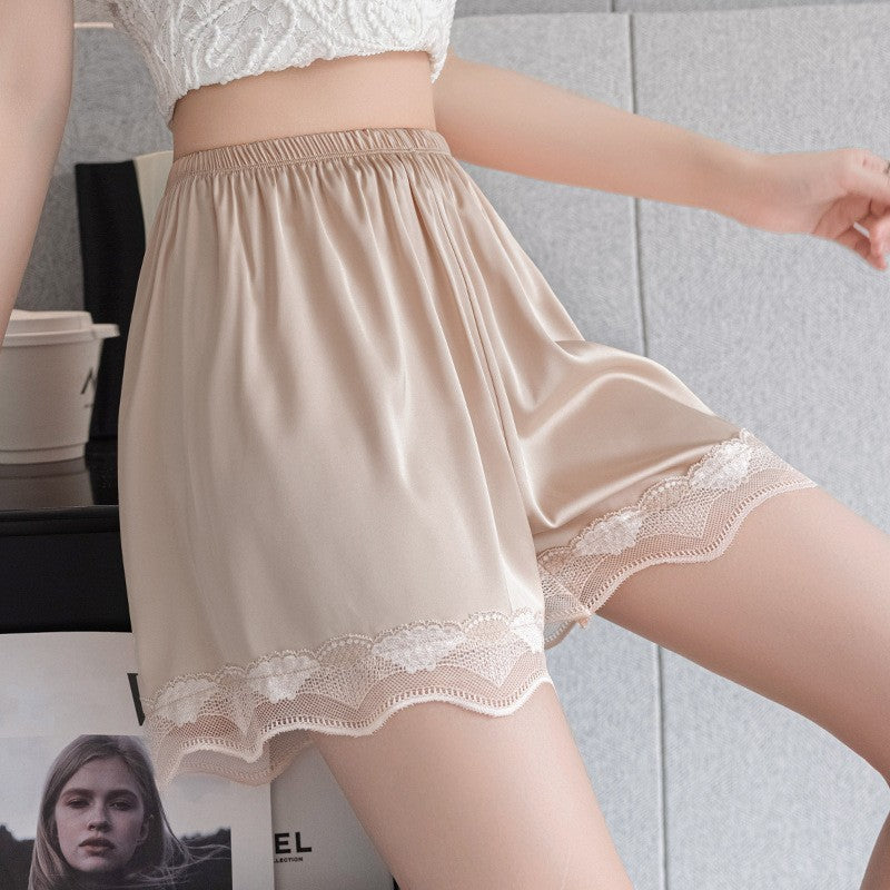 Women’s Ice Silk Safety Shorts – Seamless, Lace Trim, Loose Fit