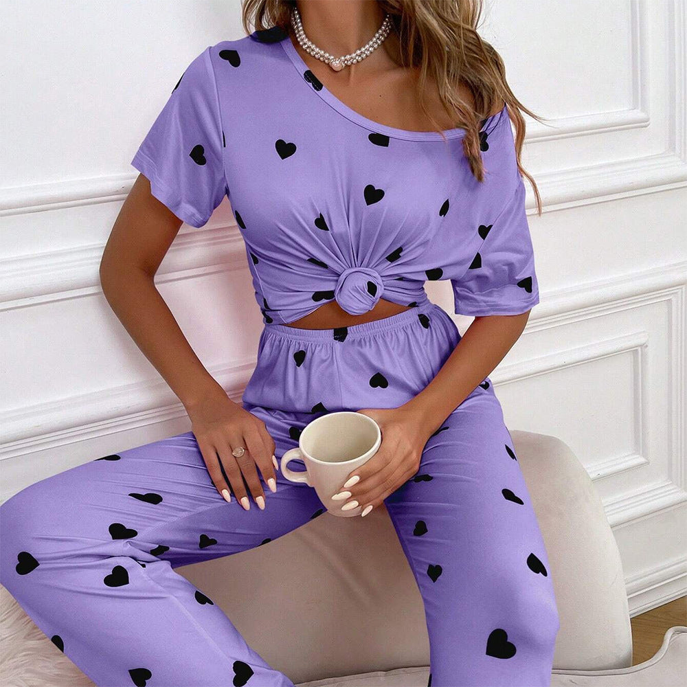 Women's Printed Round Neck Short-Sleeved Top and Trousers Two-Piece Loungewear Set