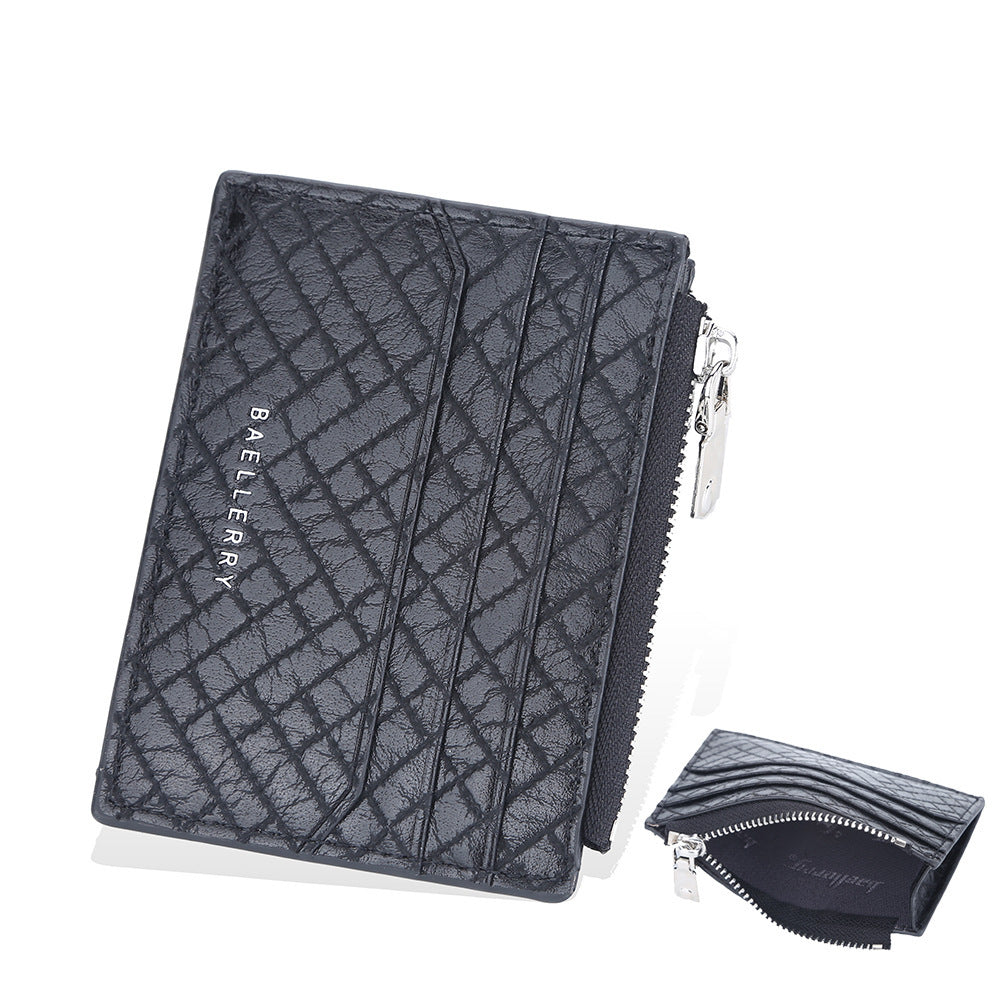Men's Slim PU Leather Plaid Card Bag With Zipper Clip