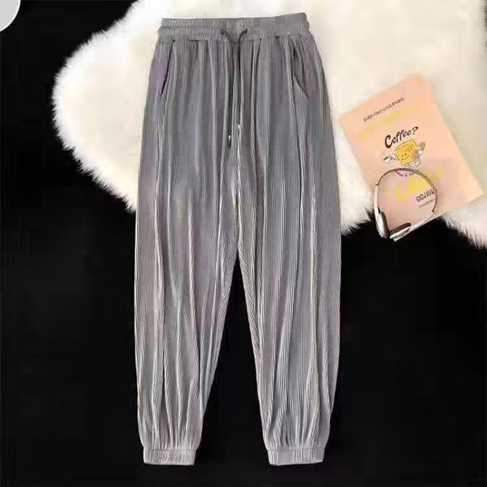 Men’s Ice Silk Casual Pants – Ankle-Tied Loose Fit Sports Trousers