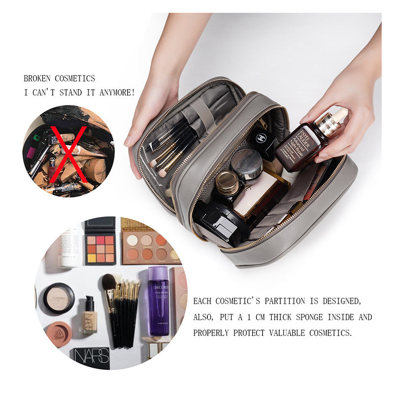 PU Leather Makeup Bag – Double Layer Storage with Mobile Phone Holder