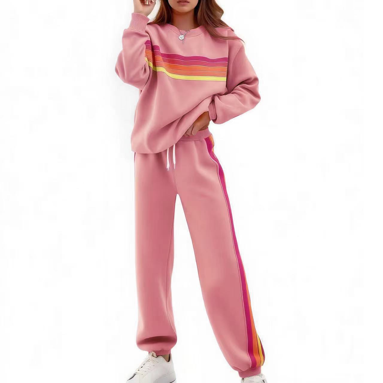 Unisex Round Neck Relaxed Striped Polyester Sweater Pants