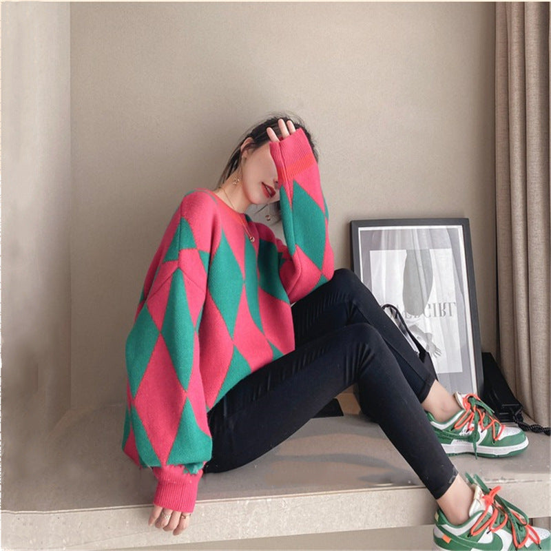 Retro Diamond-shaped Contrast Color Pullover Women