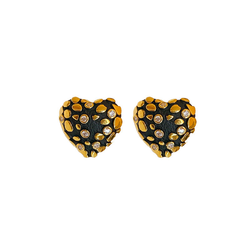 Gold Plating Silver Needle Zircon Dripping Oil Love Heart Earrings Autumn