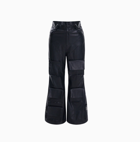 Autumn Three-dimensional Pocket Leather Pants Wide Leg