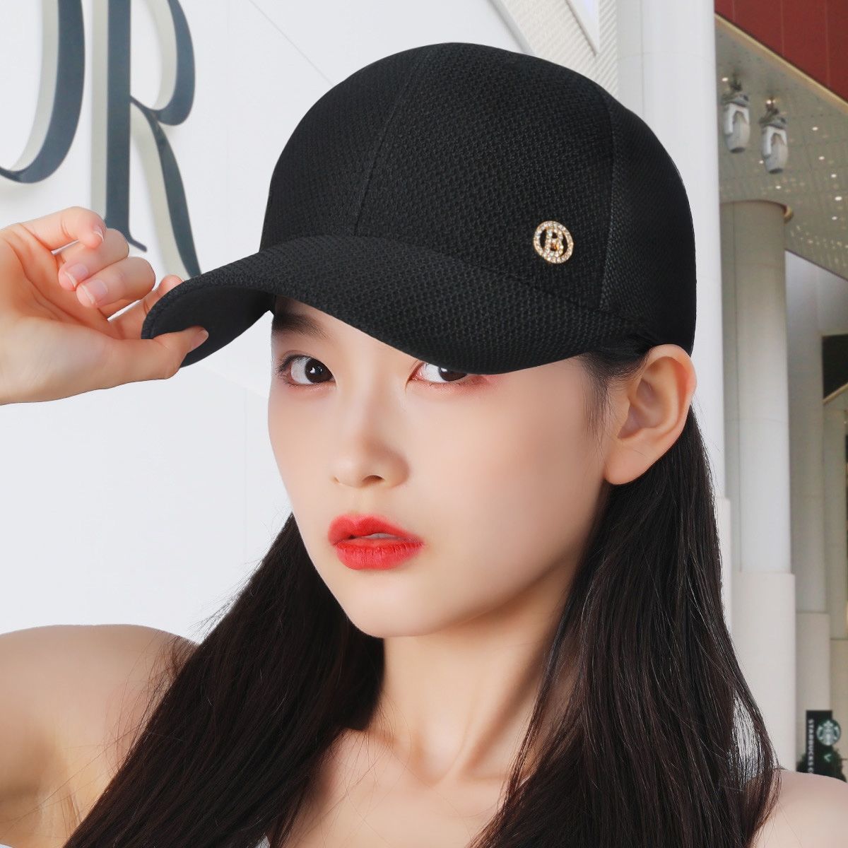 Women's Breathable Mesh Sunshade Rhinestone Letter Peaked Hat