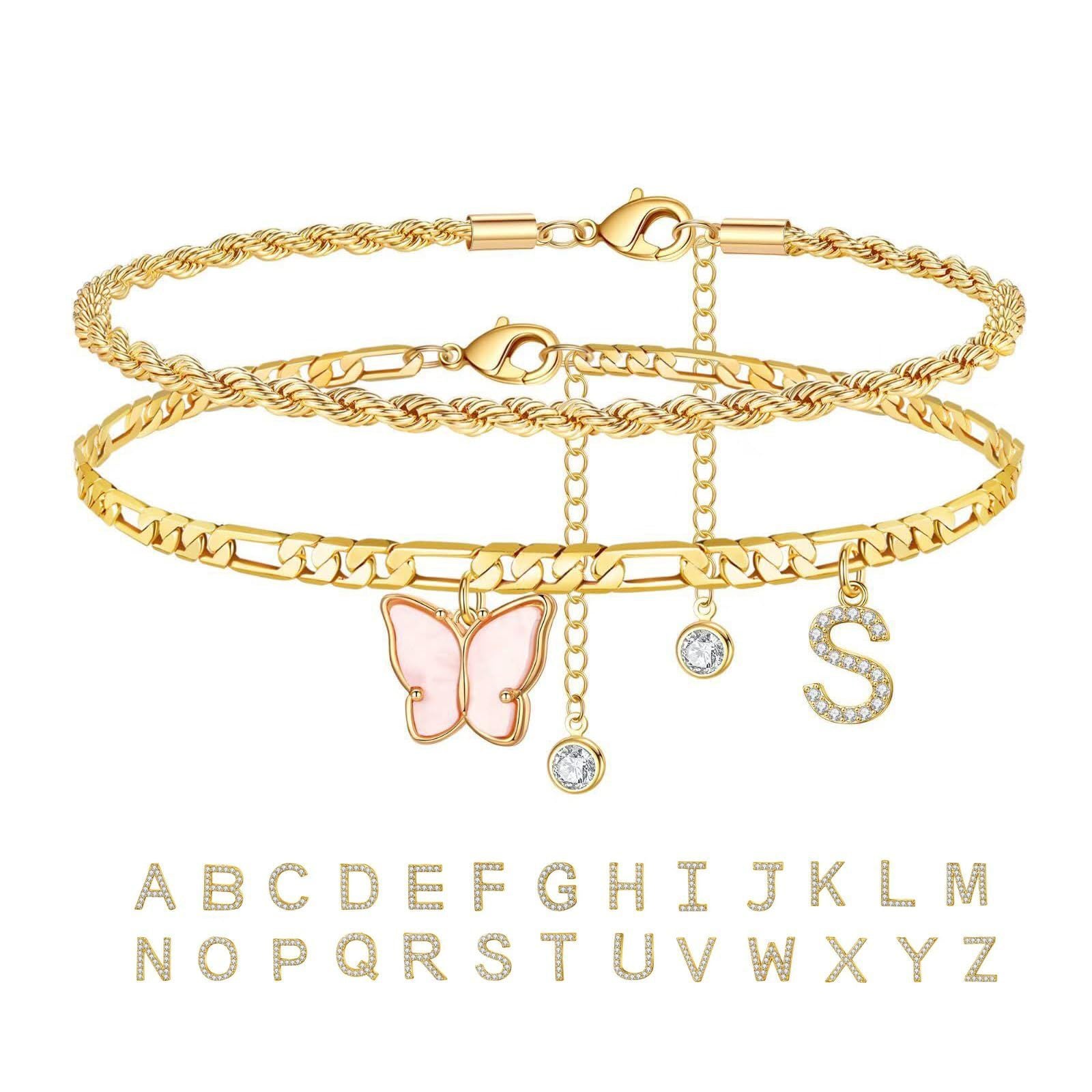 Women’s Double-Layer Stainless Steel Butterfly Letter Stack Anklets