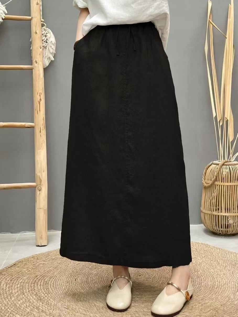 Women’s Linen Long Skirt – Solid Color Elastic Waist Maxi Skirt