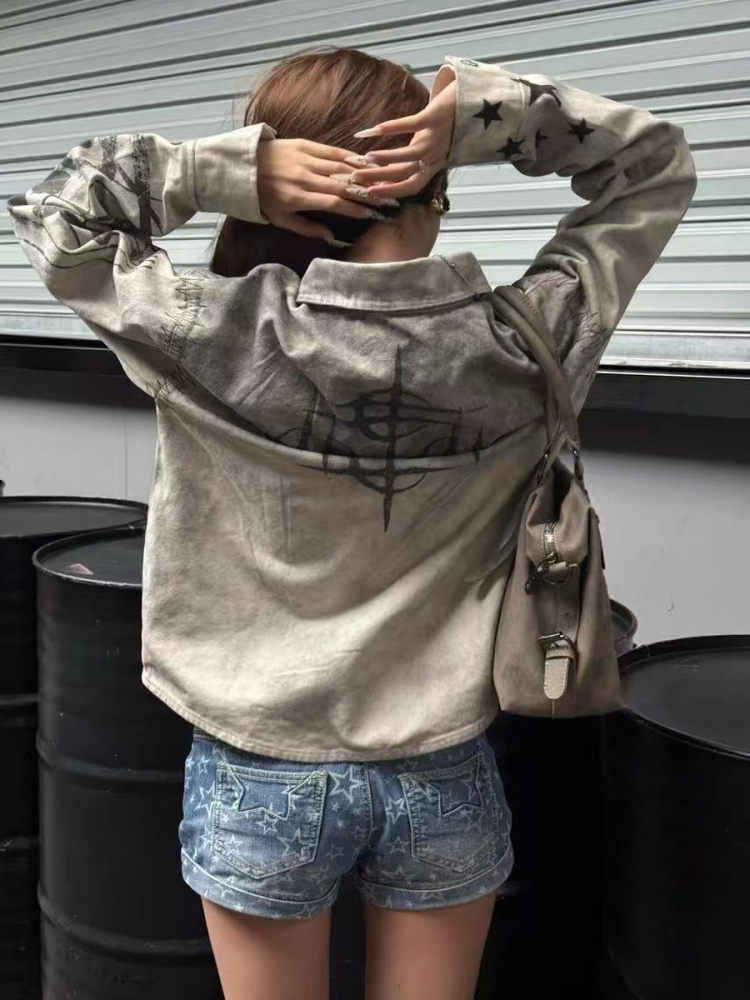 Unisex Sub Lapel Casual Jacket Distressed Cotton Printed