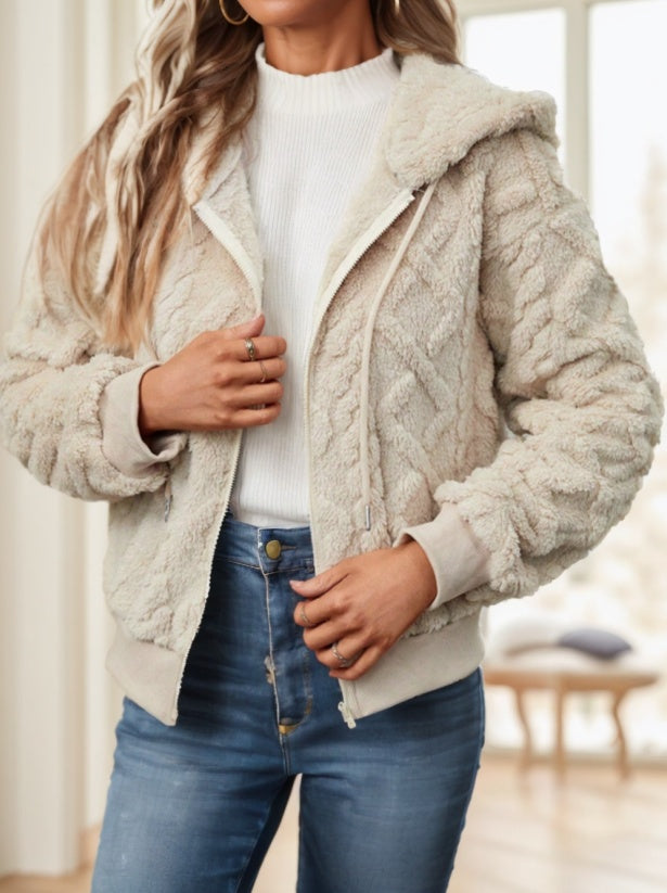 Unisex Plush Teddy Zip Up Hoodie Jacket Drop Shoulder