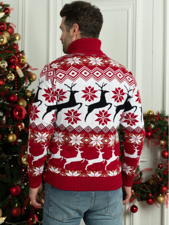 Men’s & Women’s Couple Wear Christmas Elk Jacquard Turtleneck Sweater – Cozy Pullover