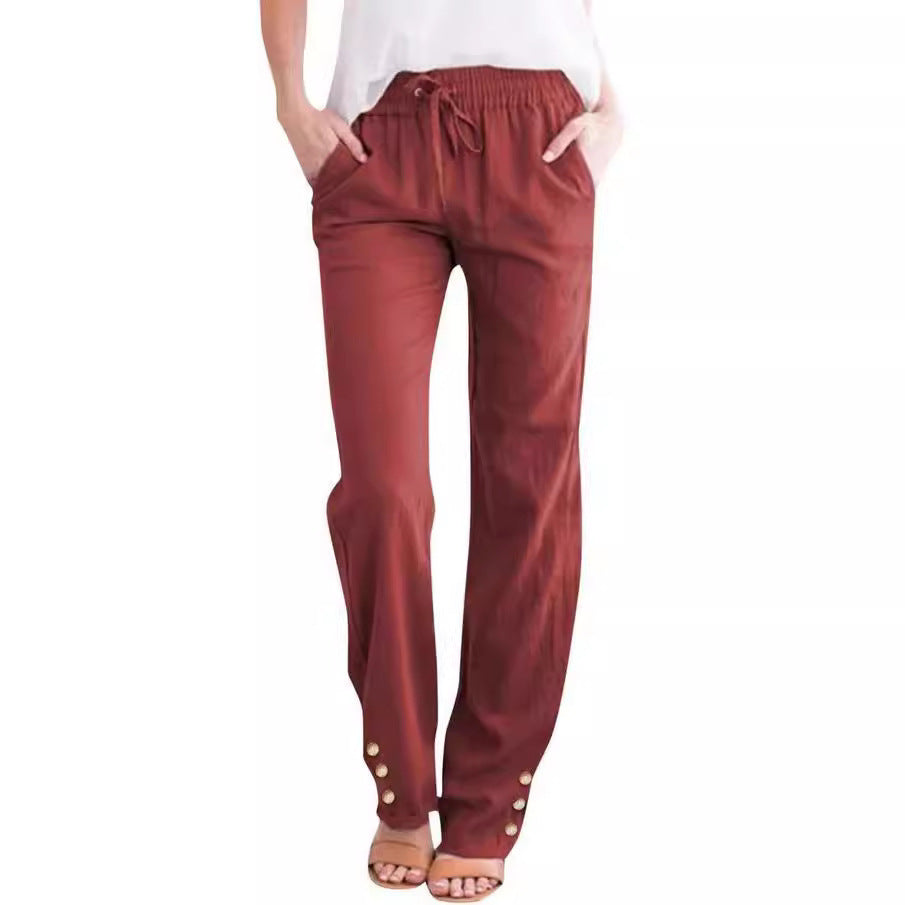 Women’s Cotton-Linen Casual Straight-Leg Pants with Straps