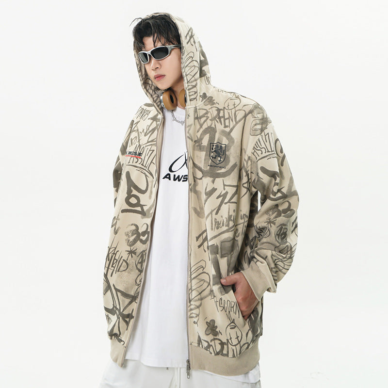 Printed Hoodie Men Covered With Graffiti