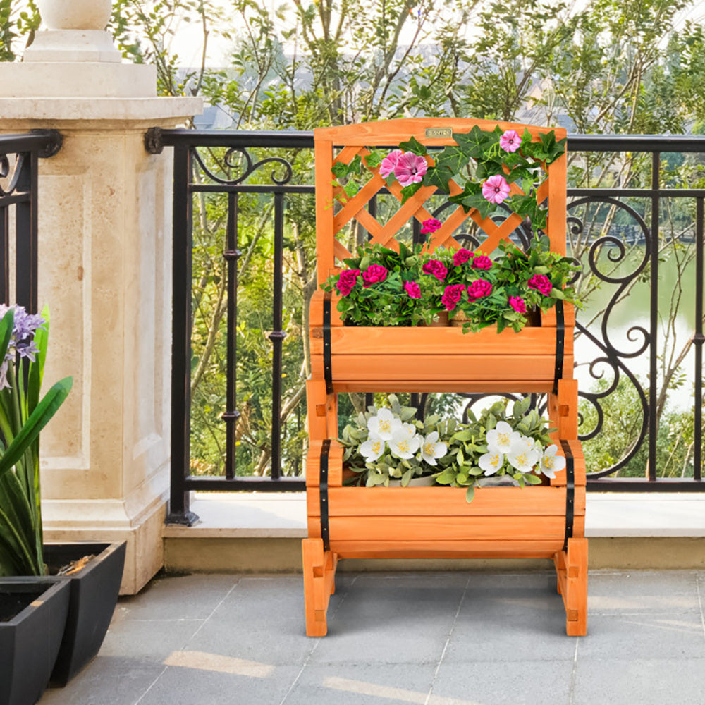 Wooden 2-Tier Raised Garden Bed With 2 Cylindrical Planter Boxes And Trellis