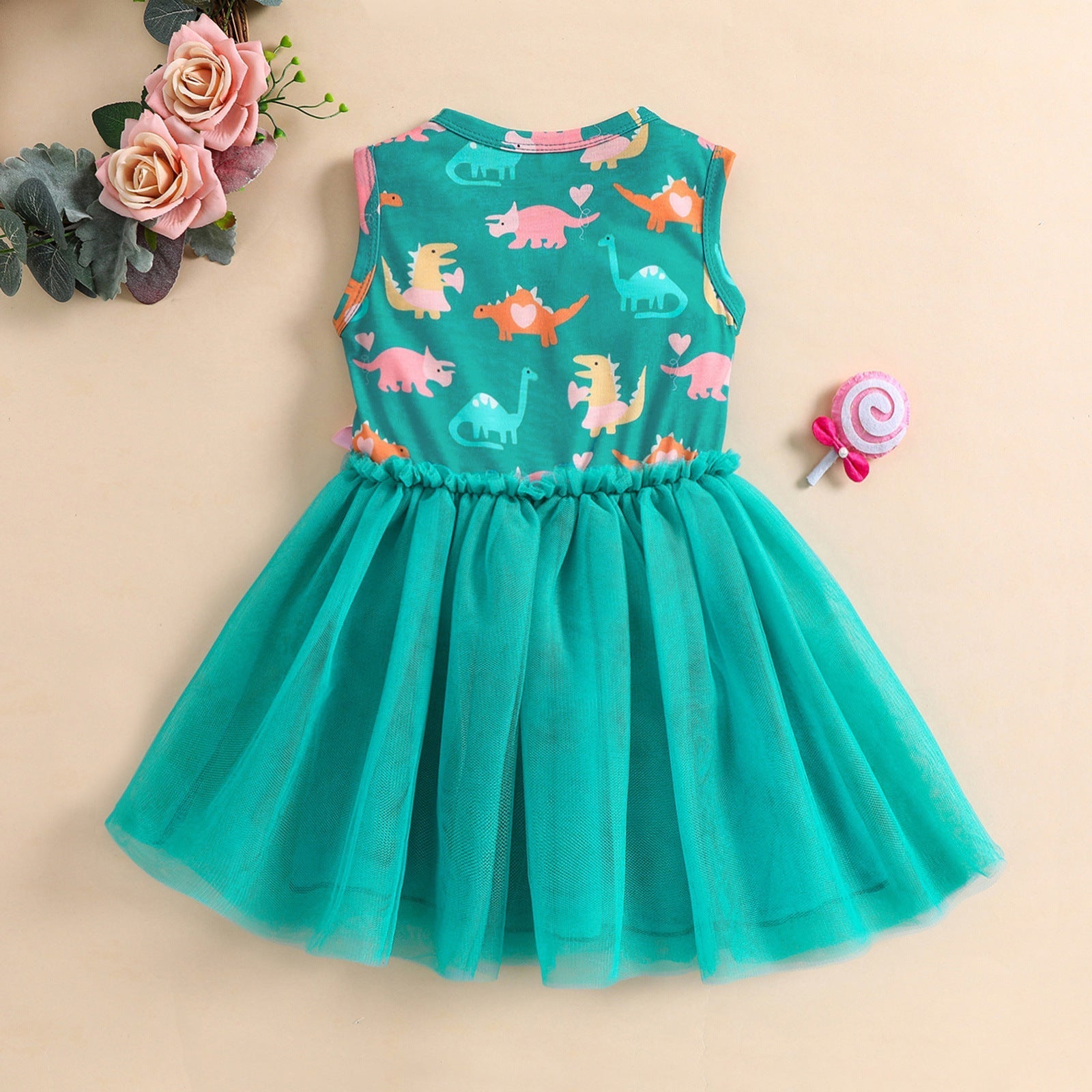 Girls Sleeveless Dinosaur Printed Polyester Mesh Dress Bow