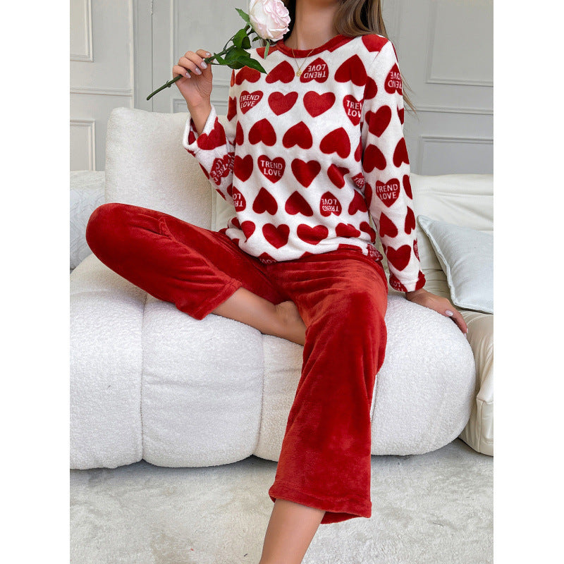 Unisex Flannel Pajama Set Thickened Red Polyester Sleepwear