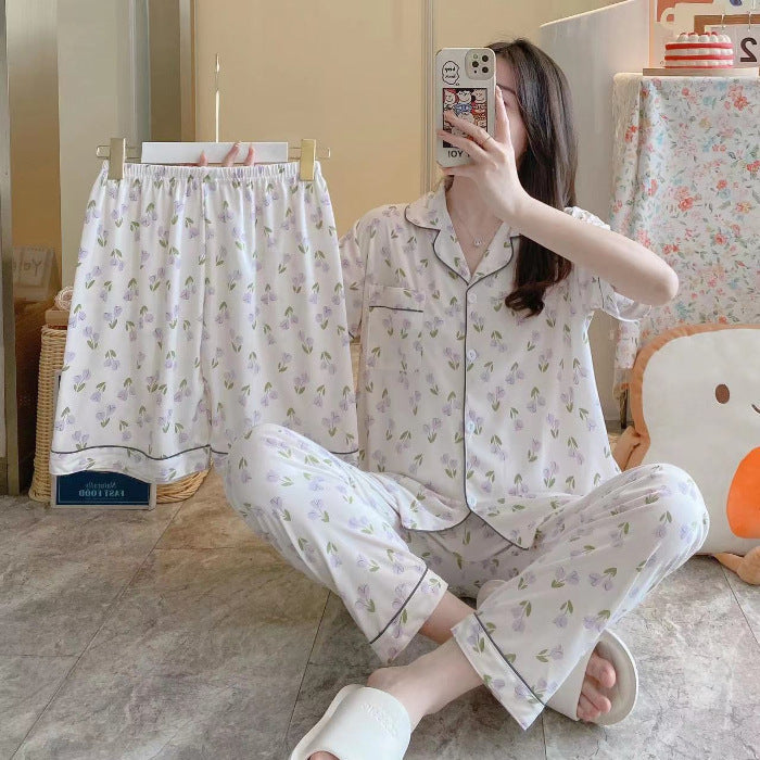 Women's Fruit Print Milk Silk Pajama Set Short Sleeve