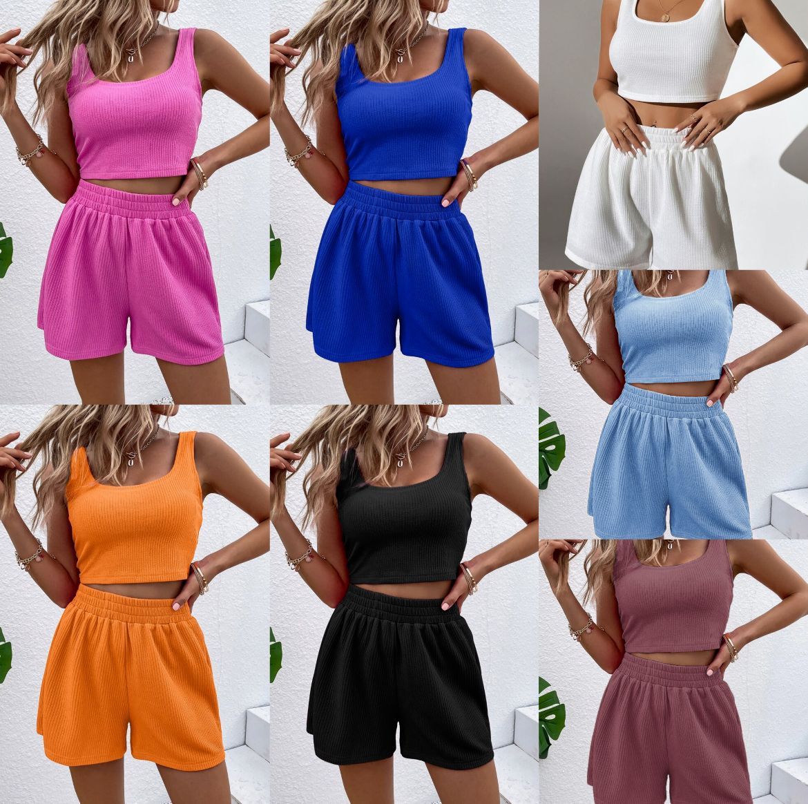 Women's Knitted Cotton Sleeveless Homewear Set Solid Pattern