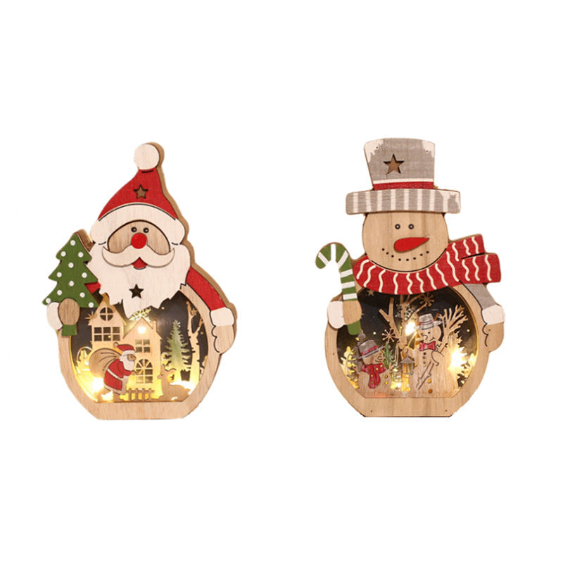 Merry Christmas Gift LED Luminous Santa Claus Snowman Shape Wooden Ornaments