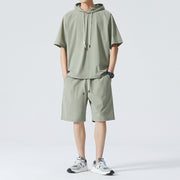 Men's Ice Silk Hooded High Street Short Sleeve T-shirt Shorts Set