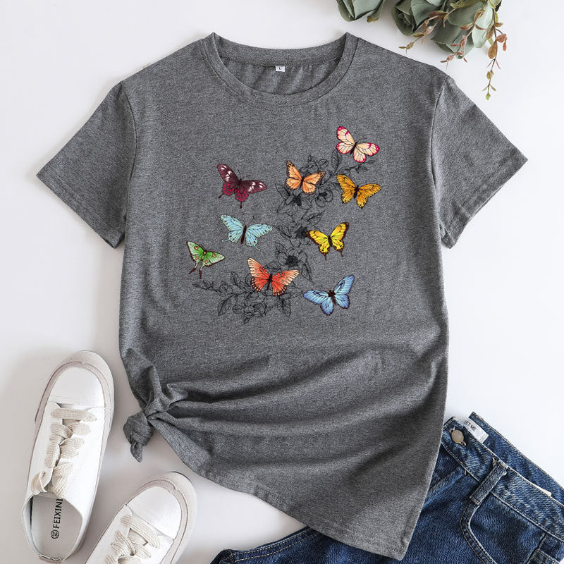 Womens Cotton Short Sleeve Butterfly Print Tee