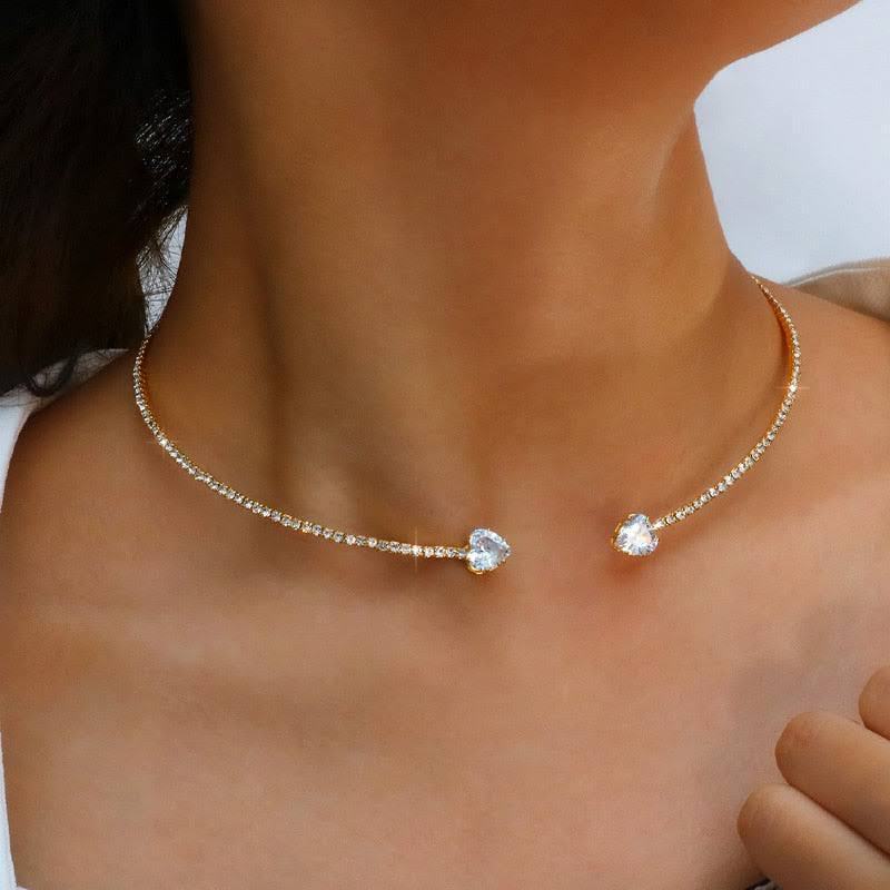 Silver Rhinestone Heart Choker Necklace for Women